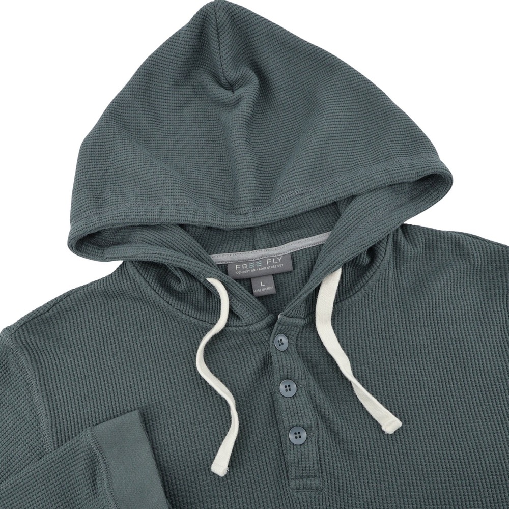Free Fly Bamboo Waffle Knit Henley Hoodie‎ Gray Thermal Long Sleeve Large